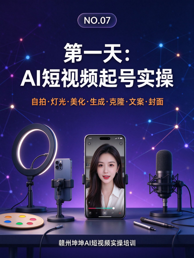 图4 首期课程内容：自拍·灯光·美化·生成·克隆·文案·封面