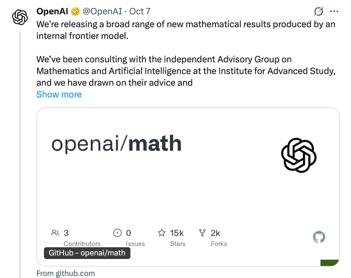 ▲OpenAI关于数学研究成果发布的推文，图源：X