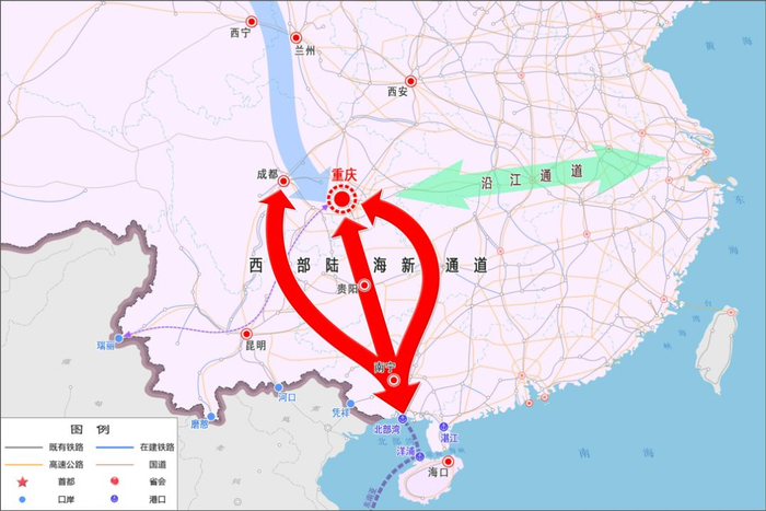 　西部陆海新通道空间布局示意图 图片来源：《西部陆海新通道总体规划》