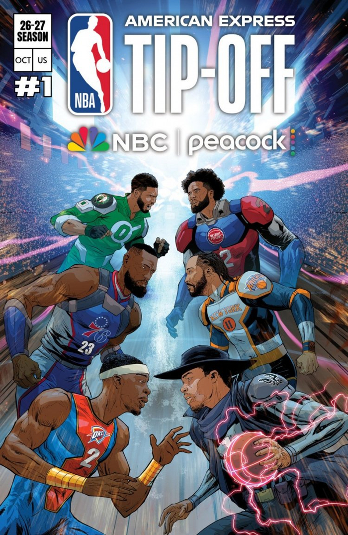 直播吧10月19日讯 今日，NBA转播商NBC体育官方推特晒出一张漫画海报，预热将由NBC转播的三场NBA揭幕战。