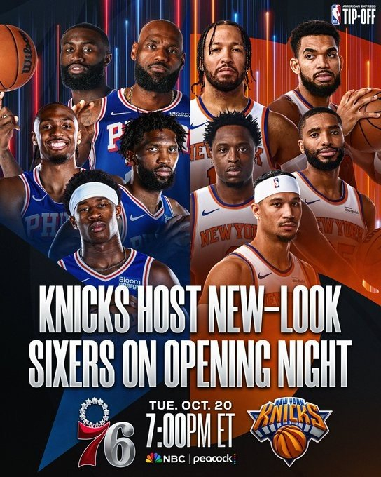 直播吧10月19日讯 NBA官方发布新赛季揭幕战76人VS尼克斯的预热海报。