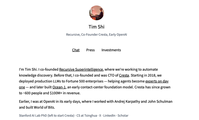 ▲Recursive联合创始人施天麟（Tim Shi），图源：施天麟个人网站