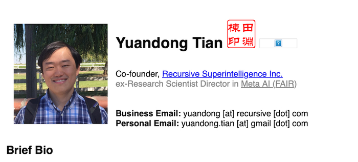▲Recursive联合创始人田渊栋，图源：田渊栋个人官网