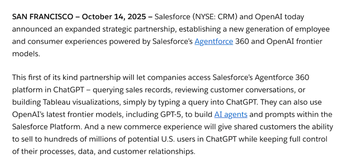 ▲2025年10月14日，Salesforce宣布与OpenAI深化合作，图源：Salesforce