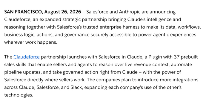 ▲2026年8月26日，Salesforce宣布与Anthropic深化合作，图源：Salesforce
