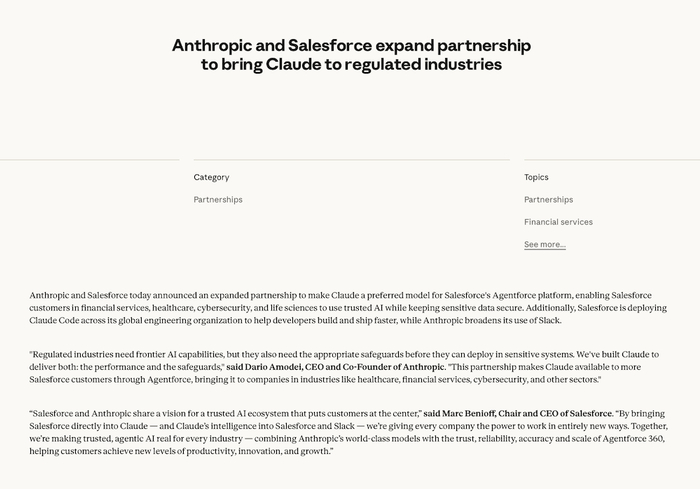 ▲2025年10月14日，Anthropic宣布与Salesforce深化合作，图源：Anthropic