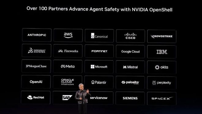 黄仁勋介绍 OpenShell，大屏显示已有超过 100 家合作伙伴参与。图片来源：英伟达