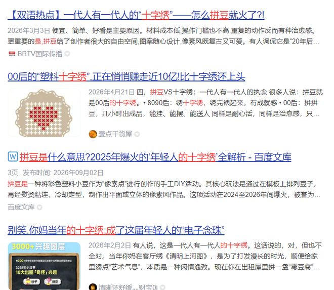将拼豆比喻为十字绣的报道图片来源：百度