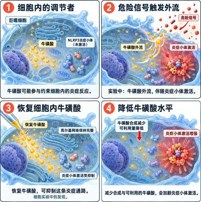 （牛磺酸参与调控炎症小体的机制示意图，据论文内容由AI辅助绘制）