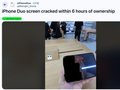 iPhone Duo出现屏幕开裂故障，有用户称“开合4次就裂了”！拆解机构称与铰链内部支撑结构有关，苹果回应：受影响设备可更换