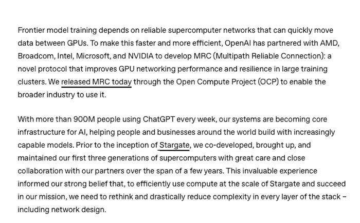 ▲OpenAI与英伟达等公司合作开发MRC网络协议，图源：OpenAI