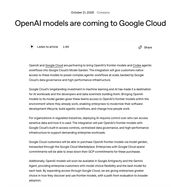 ▲OpenAI宣布与谷歌云合作，将模型和Codex工作流引入Model Garden，图源：OpenAI