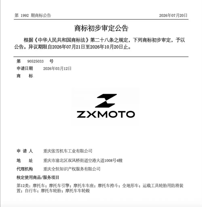 “ZXMOTO”商标初步审定公告截图 来自国家知识产权局商标局