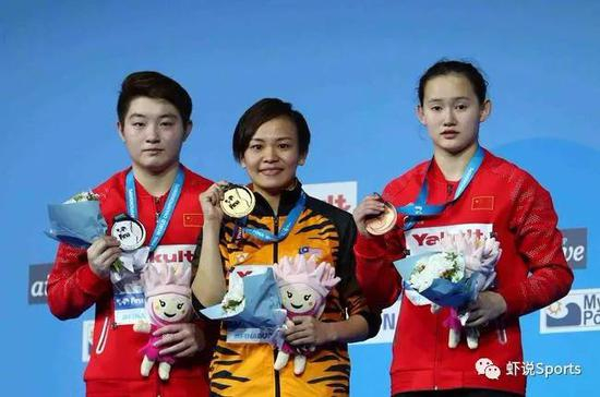 马来西亚第一位跳水世界冠军张俊虹（中）