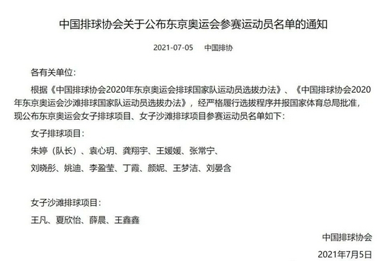 排协公布东京奥运会参赛名单