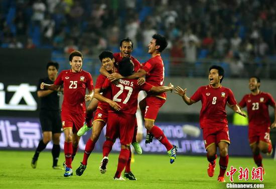 国足惨败，泰国队疯狂庆祝。&nbsp;图片来源：Osports全体育图片社