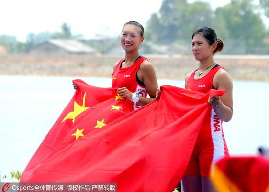 2018年雅加达亚运会，赛艇女子双人单桨无舵手，中国组合巨蕊/林心玉夺冠
