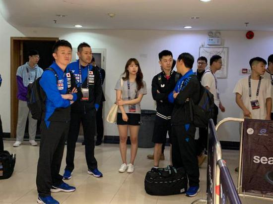 日本队主教练仓岛洋介（左一）和张本智和的团队 澎湃新闻记者 李琼 图