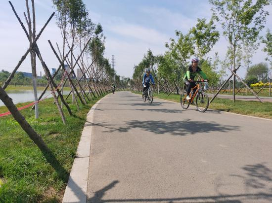 自行车爱好者在鹤岗市东山区新一体育公园内骑自行车。