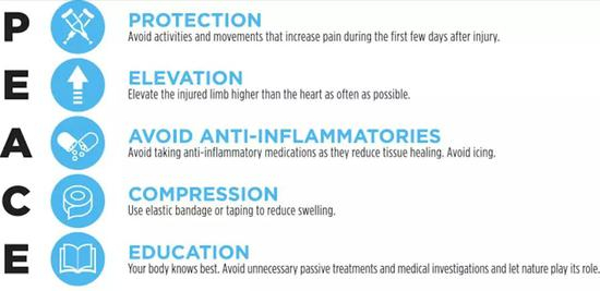 在软组织损伤的急性阶段，应该使用PEACE原则来进行处理。