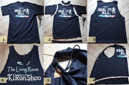 基本上所有的赞助T恤都是沉闷的圆领，小心机们不妨试试改造成V领，或者挖大挖深领口，能拉长脖子的曲线，恰当好处地显瘦。