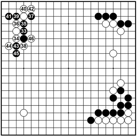 图一是阿尔法狗执白对芈昱廷九段弈出的大雪崩定式变型，白46之前从未见过，阿尔法狗率先下出来的。