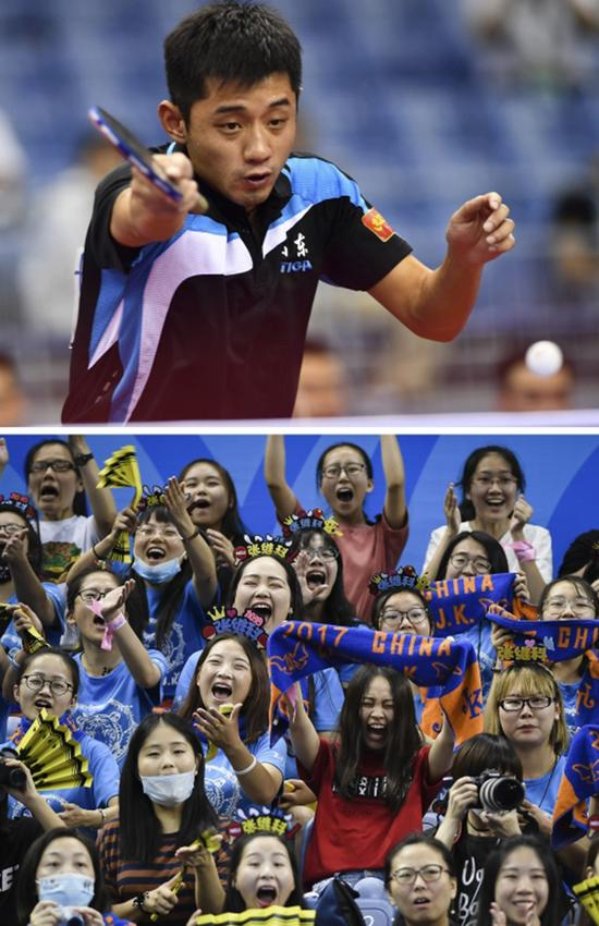 8月29日山东队选手张继科在比赛中（上），张继科的球迷在现场呐喊助威（下） 。