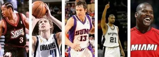 最佳阵容一阵：邓肯，诺维斯基，奥尼尔，艾弗森，纳什