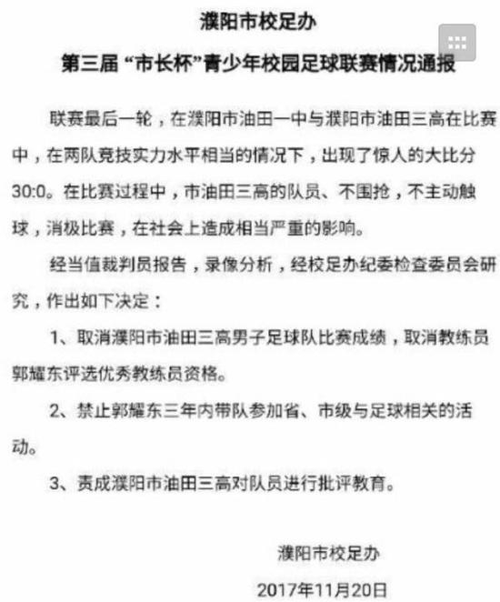 以下是濮阳市校足办也对本场比赛开出的处罚：