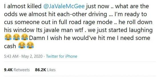 　尼克-杨推特上称自己差点把贾维尔-麦基撞死了