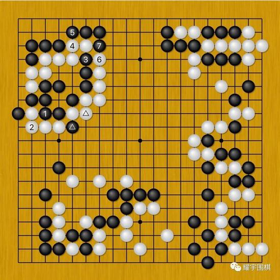 由于黑三角与白三角的交换，黑1就可先手打吃做个眼。