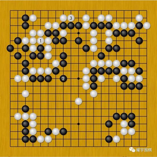 图15：白1粘上是最佳的选择，这样逼迫黑2必须虎补，然后白3再连回。