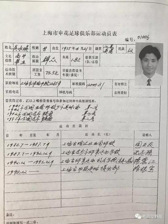 吴承瑛的球员登记表工资73.5元