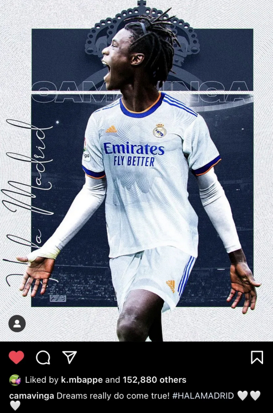 姆巴佩点赞卡马文加ins