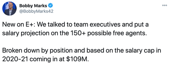 马克斯透露下赛季工资帽维持在1.09亿美元