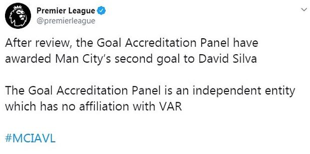 英超官方将进球算给了席尔瓦，但却没有解释是否越位的问题