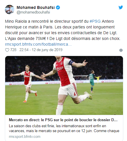 RMC记者：拉伊奥拉就是来巴黎谈德里赫特转会的