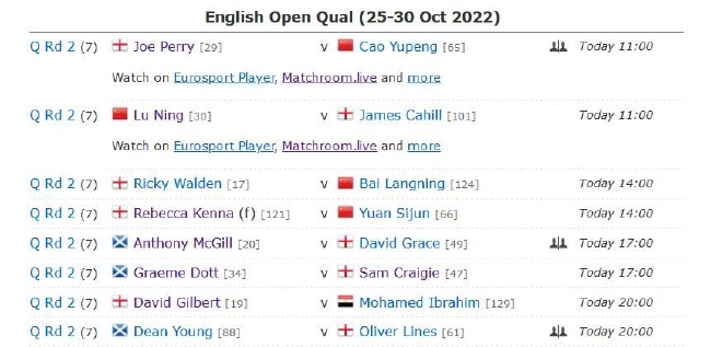 2022斯诺克英格兰公开赛资格赛第4比赛日赛程