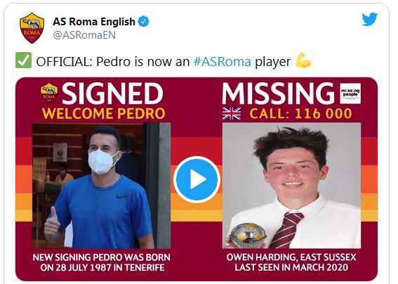 罗马官宣佩德罗加盟