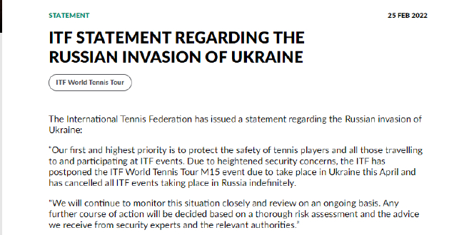 国际网球联合会发表声明：无限期地取消在俄罗斯举行的所有ITF赛事