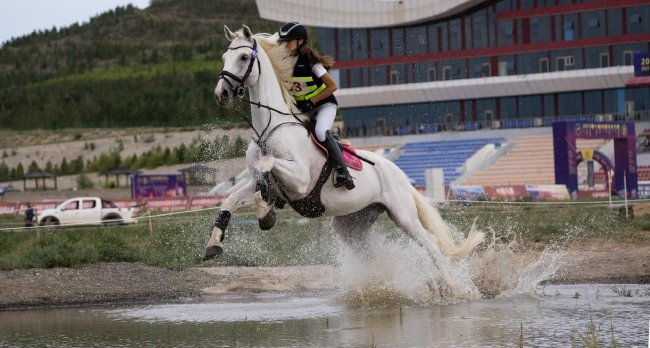 人马组合在越野赛中跨越水障