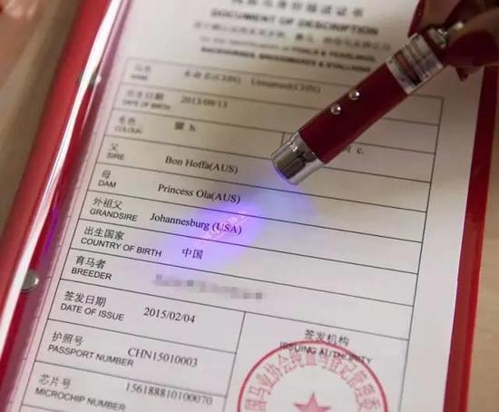 中国纯血马登记管理委员会颁发的马匹护照