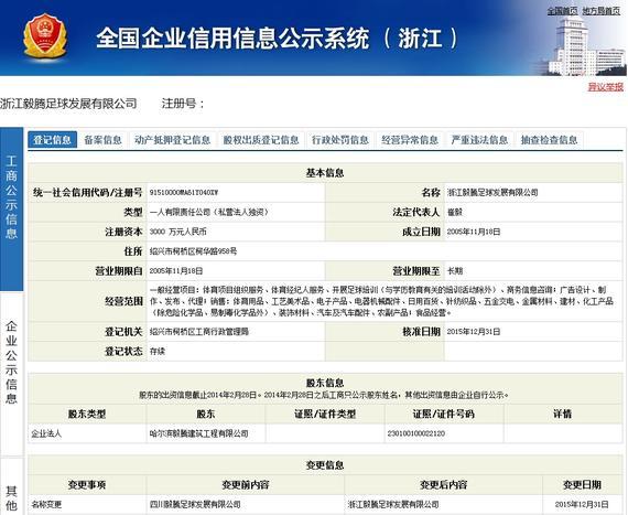 全国企业信用信息公示系统(浙江)显示的浙江毅腾注册信息