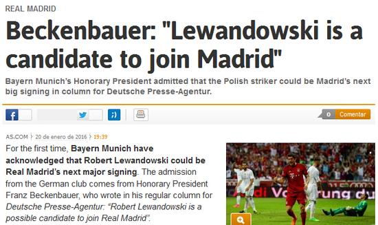 贝肯鲍尔：莱万可能加盟皇马