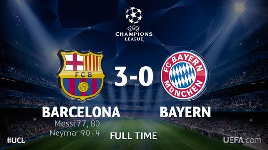 14-15赛季半决赛，巴萨淘汰拜仁