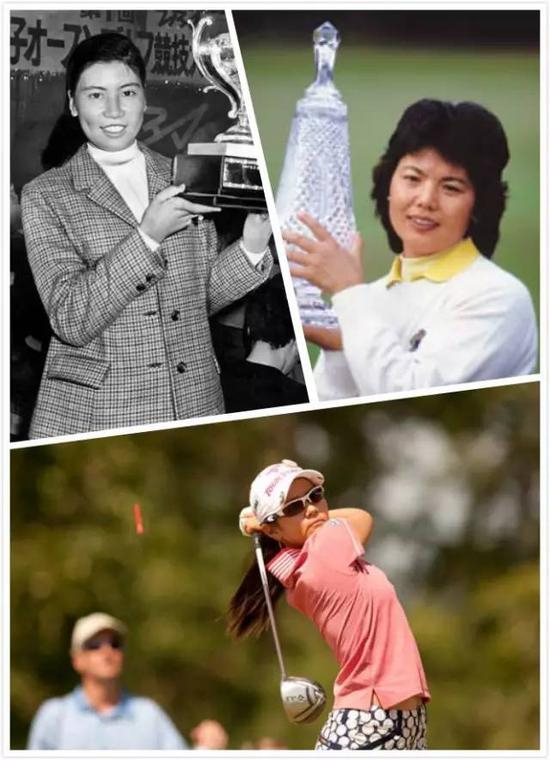 日本女子高尔夫球手樋口久子(左上)、冈本绫子(右上)与宫里蓝