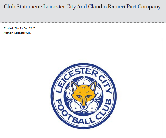 莱斯特城官宣，拉涅利下课