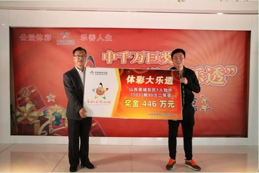 山西省体育彩票管理中心主任余志广（左）为中奖者颁奖 