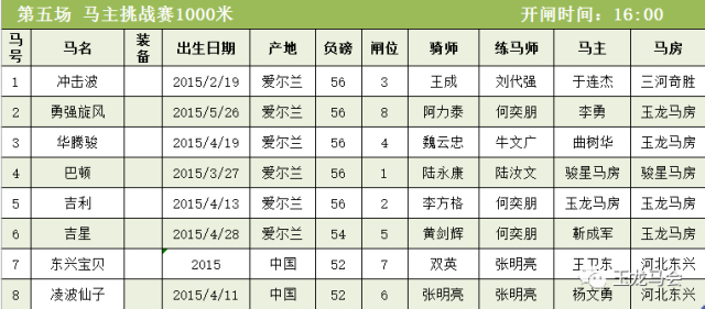 第五场 马主挑战赛1000米
