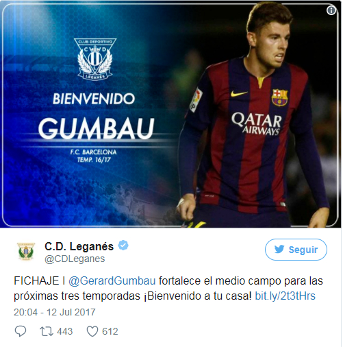 莱加内斯官方宣布了贡巴乌加盟的消息